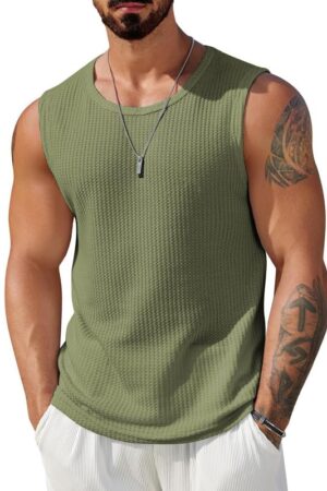Men's Knitted Tank Tops Sleeveless Casual T Shirts Summer Beach Tank Shirts Waffle Tee B L2712