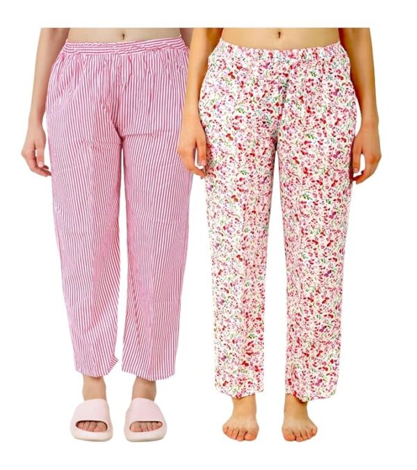 Omney Women's Cotton Floral Printed Pyjama/Track Pant Lower, Free Size Combo of 2